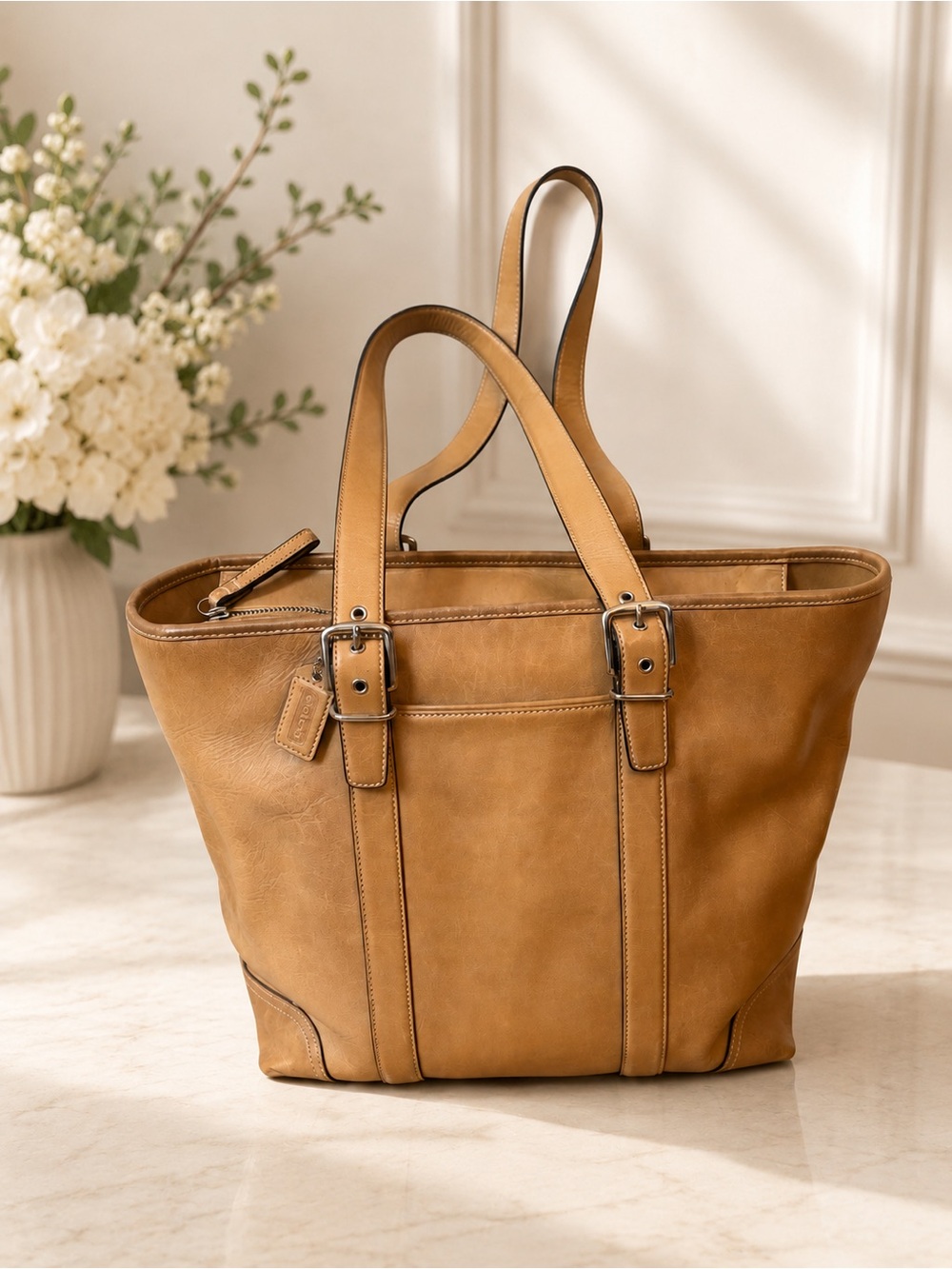 Vintage Y2K Coach Hampton 6491 Tan Leather Tote + Dust Bag.